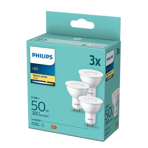 3 Becuri LED Philips Spot, GU10, 4.7W (50W), 380 lm,