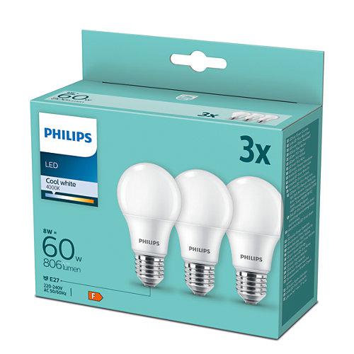 3 Becuri LED Philips A60, E27, 8W (60W), 806 lm,