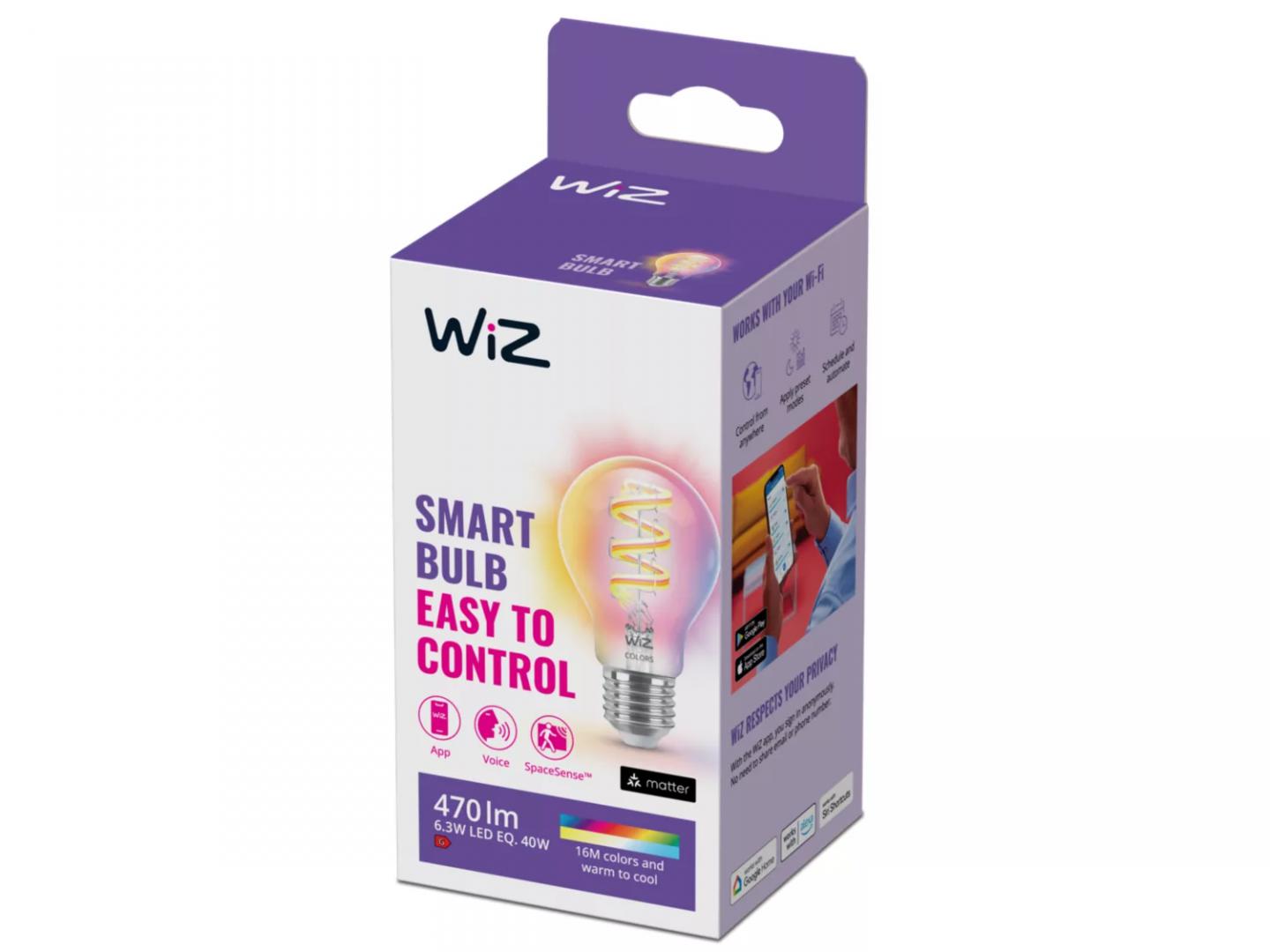 Bec LED RGB inteligent WiZ Connected Filament Clear A60, Wi-Fi,
